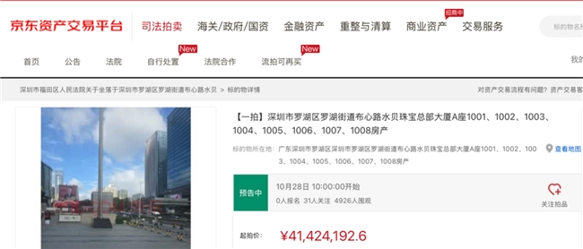 均价约1.97万元/㎡入席“中国宝都”水贝核心区，2098㎡办公资产10月28日京东开拍